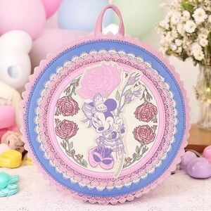 NEW Loungefly Disney Minnie Mouse Pink Floral & Lace Round Mini Backpack